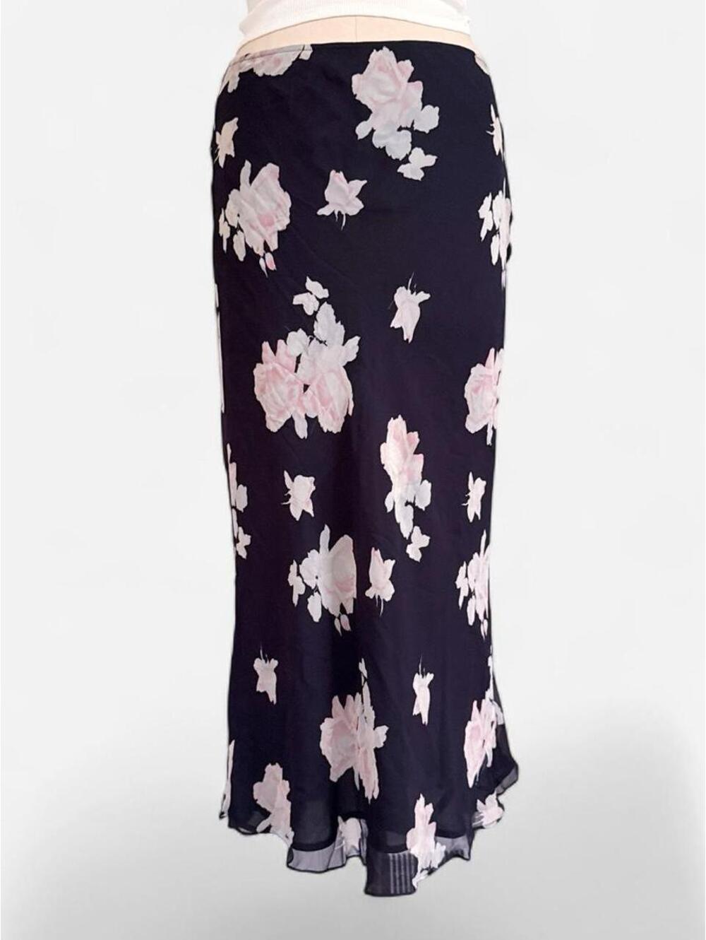 Parallel Y2K Floral Bias Cut Silk Maxi Skirt in Black
